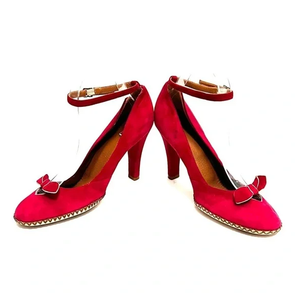 MARC JACOBS | Vintage 1990s red suede cutout bow ankle strap heels - Picture 5 of 8